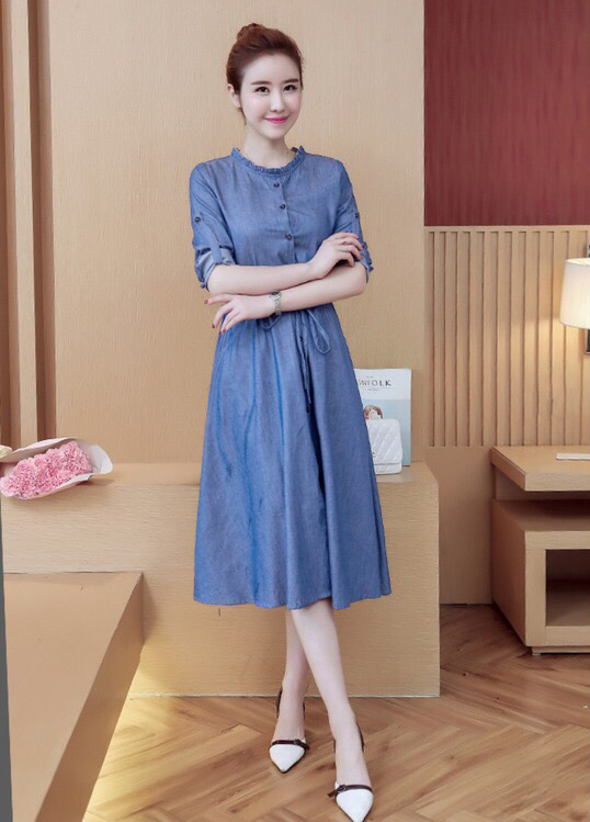 ĐẦM JEAN XÒE TAY DÀI CỔ BÈO TRÒN